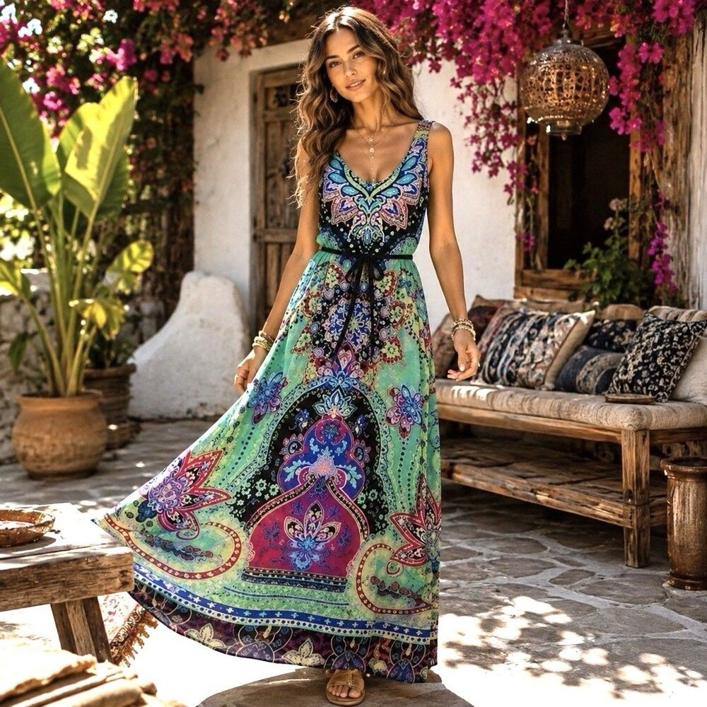 Green Dragon Maxi Dress Womens Medium Boho Paisley Colorful Sleeveless Festival